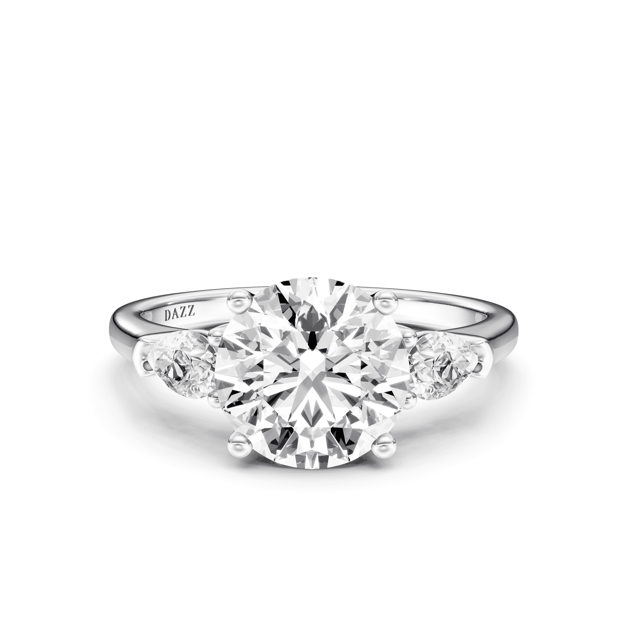 3 Stone Pear Ring Round — White Gold